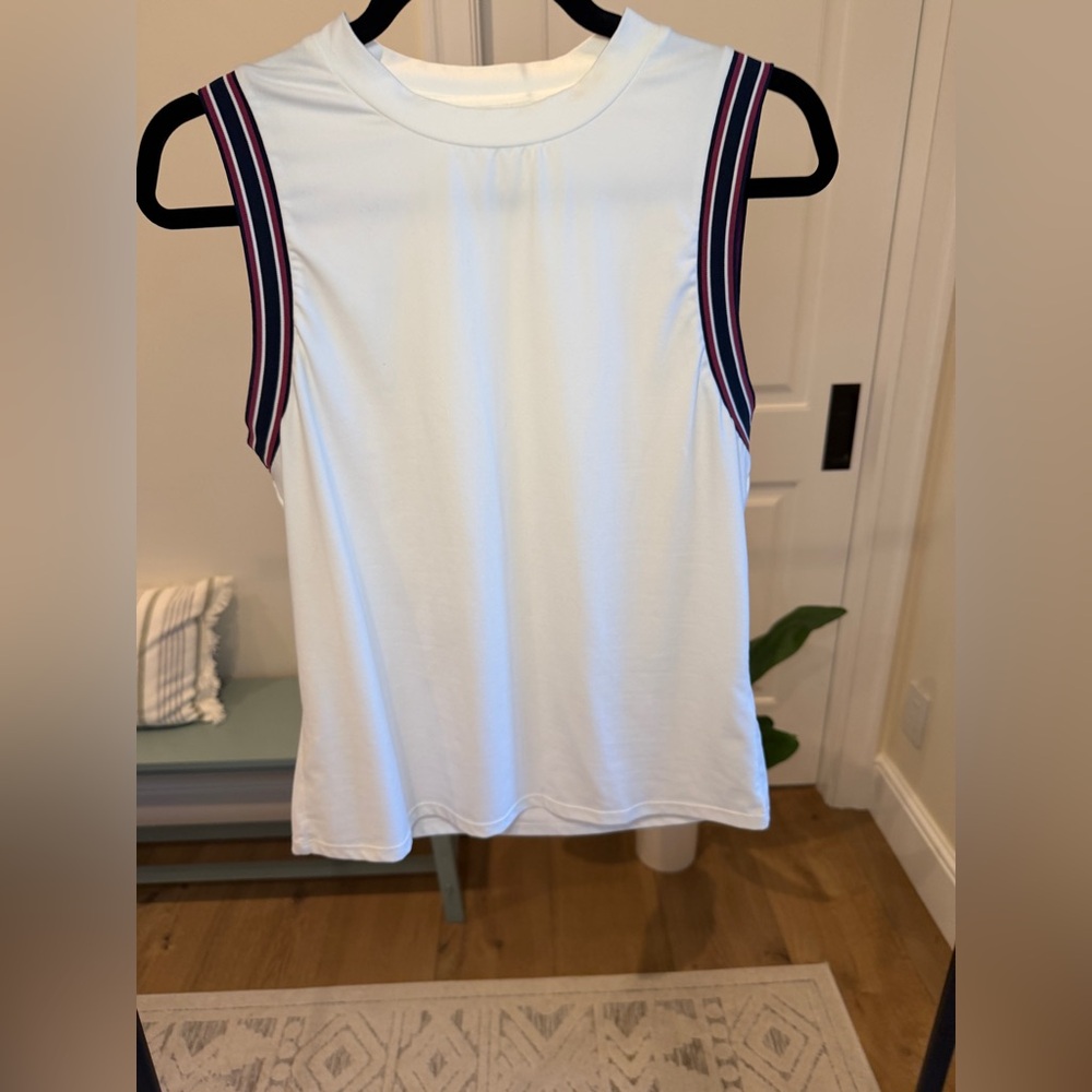 Varley White Sleeveless Tank with Navy and Pink Stripe Trim